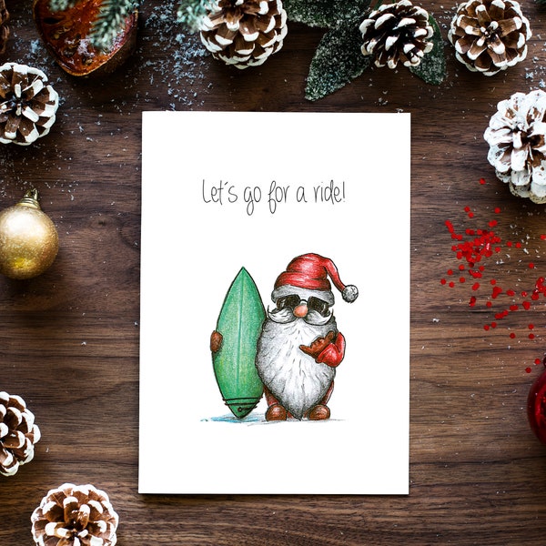 Weihnachtskarte Surfing Santa - handgezeichnet * Klappkarte mit Umschlag*