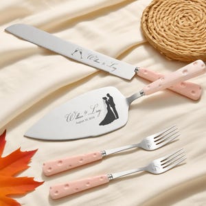 Ceramic cheese handle Wedding Cake Cutting Set, Knife and Forks, Wedding Keepsake Ceremony Gift, Bridal Pastry Set