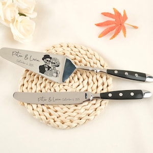 May include: A silver cake server and knife set with black handles. The server features a skeleton couple design and the text "Peter & Levin September 6, 2025". The knife also has the names and date.