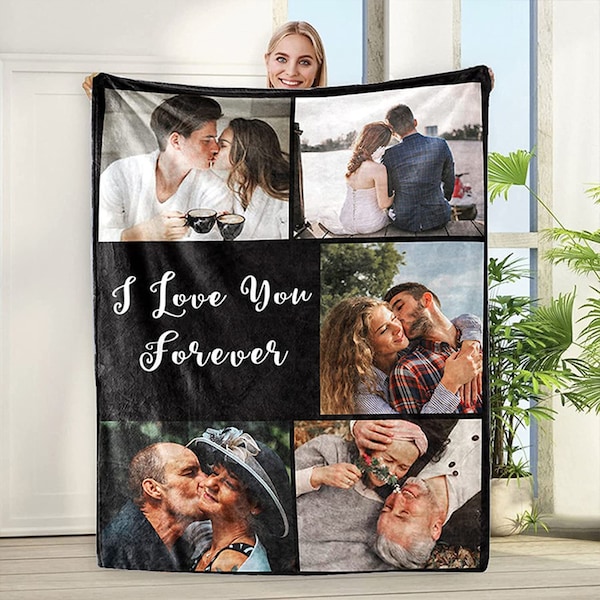 Personalized Flannel Couple Blanket, Personalized Picture Blanket With Text, Customizable Photo Blanket Collage, Valentine's Day Present