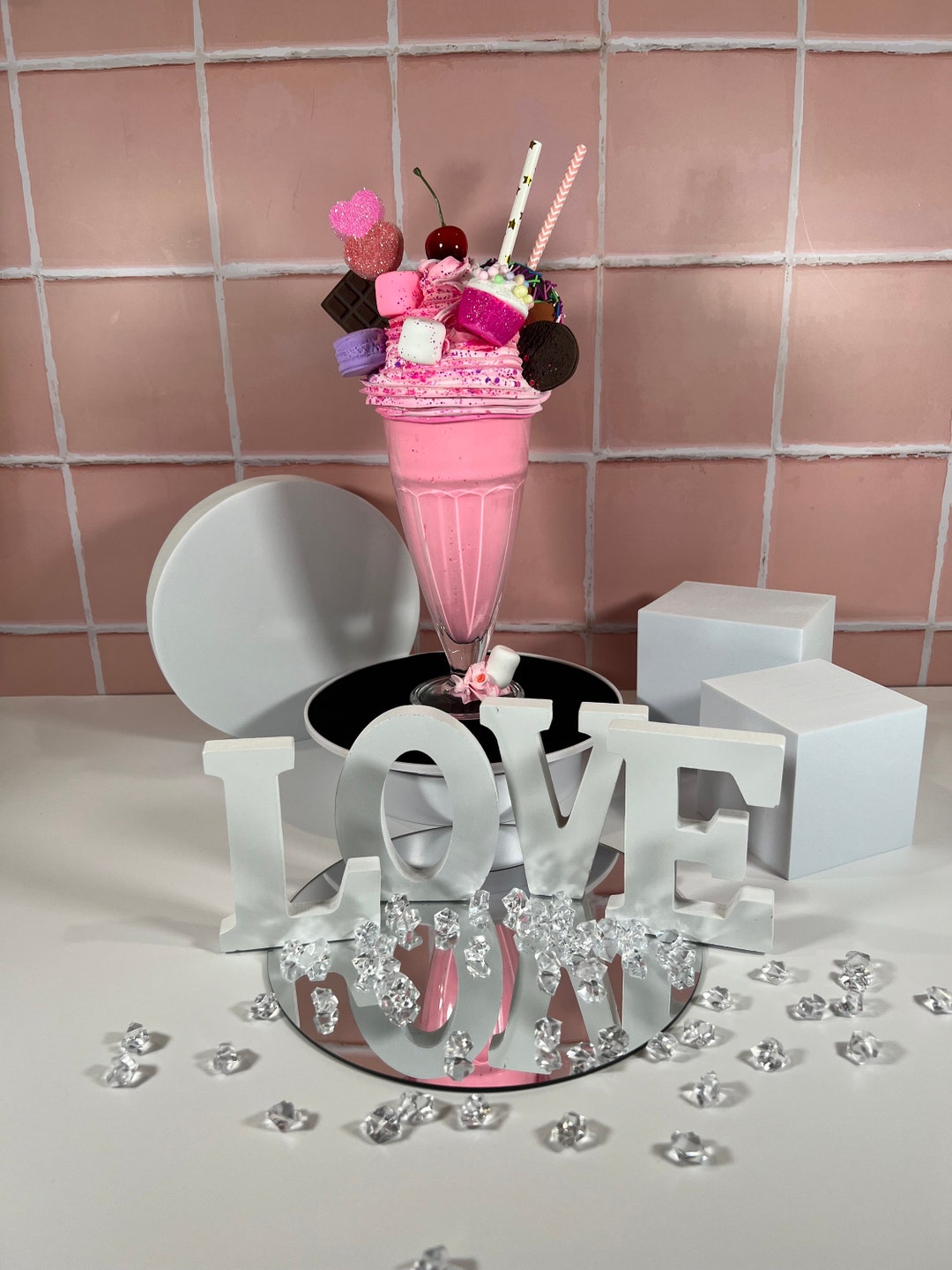 Faux Strawberry Milkshake Display Topped With Mini Donut, Cupcake ...