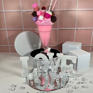 Faux Strawberry Milkshake Display: Mini Donut, Cupcake, Marshmallow Topping