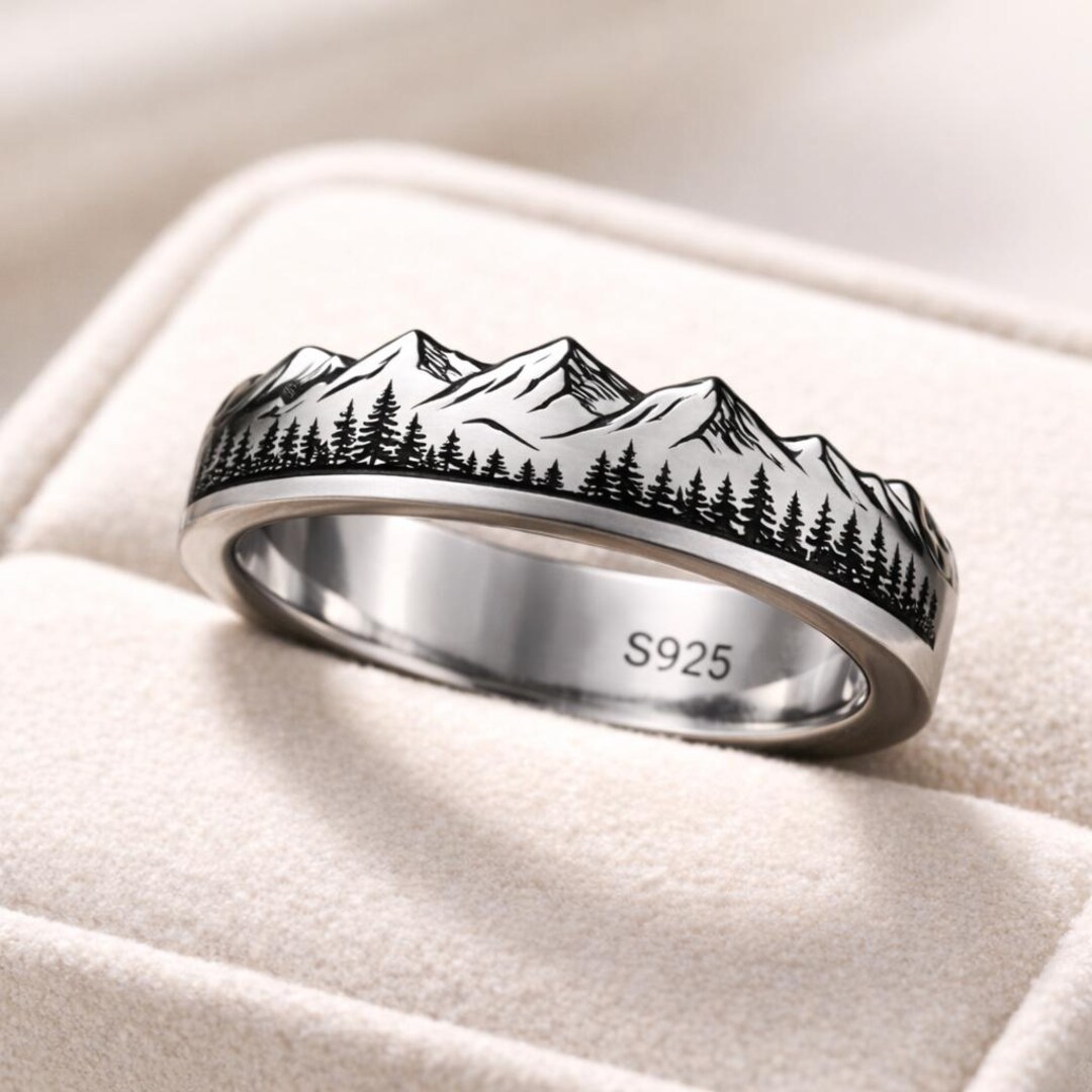 Mountain Forest Silver Ring, Hiking Adventure Wedding Band, Nature ...