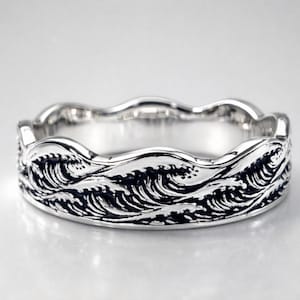 Ocean Wave sterling silver Ring, Oxidized Coastal Band, Nautical Wedding Jewelry gift.