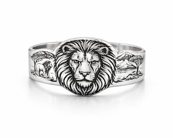 Koning leeuw sterlingzilveren ringen. Handgemaakte gegraveerde statement-bandring. Huwelijkscadeau voor stellen