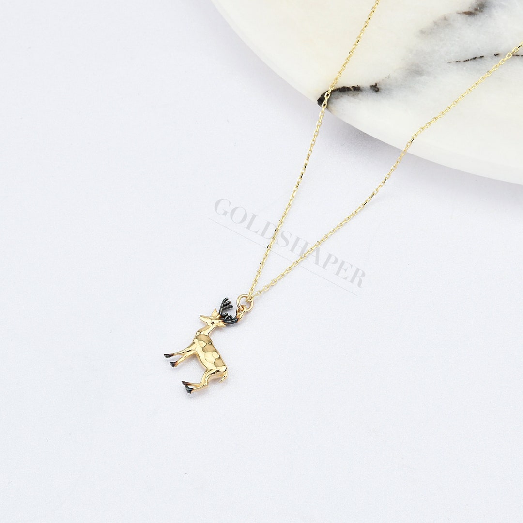 14K Gold Deer Necklace, Gold Horned Deer Necklace, Animal Necklace, Gold Deer Necklace, Red Deer