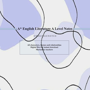 May include: A* English Literature A Level Notes, a digital resource for students.  The text on the image reads "All characters, themes and relationships. Digital files for instant download. Marked by teachers."