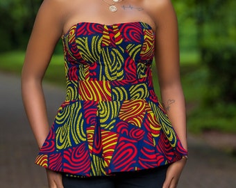 African Print Top, Two-piece corset top - Bustier- corset inspired bustier with pleated belt - Ankara blouse