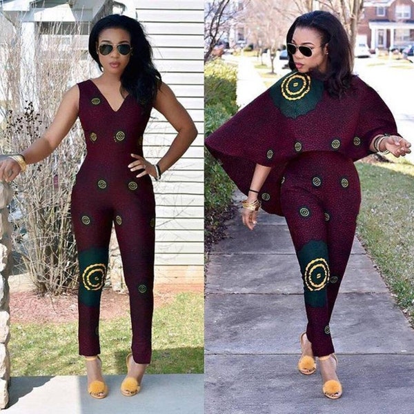 African wax jumpsuit and cape Ankara jumpsuit and cape Ankara romper and cape Ankara two piece Ankara matching set Ankara clothing for woman