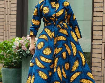 Bleu vif et soleil, robe longue à imprimé africain, robe longue Ankara, robe longue africaine bleu et jaune
