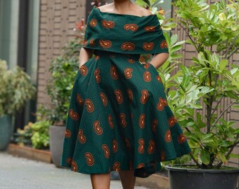 Robe midi verte et marron, robe patineuse à imprimé africain, robe courte Ankara