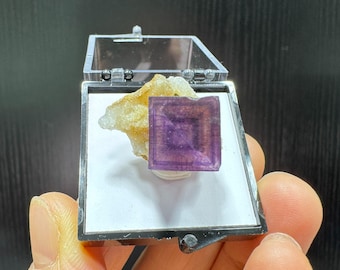 Purple Cube Fluorite on Quartz, Purple Window Cube Fluorite Mineral Specimen from Anhui Province, China, Phantom Fluorite Collection