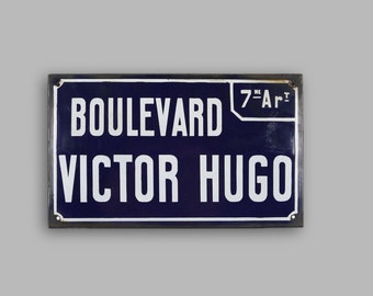 Vintage street sign "Boulevard Victor Hugo" in enamel metal 1950