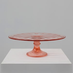 Round pink Art Deco cake stand or cake plate in pressed glass, Belgium 1930s