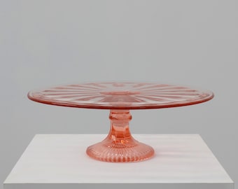 Round pink Art Deco cake stand or cake plate in pressed glass, Belgium 1930s