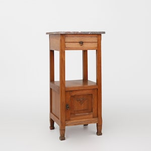 Vintage Antique Brocante Decorative French Art Deco Nightstand in Oak with Pink Marble Top, 1930
