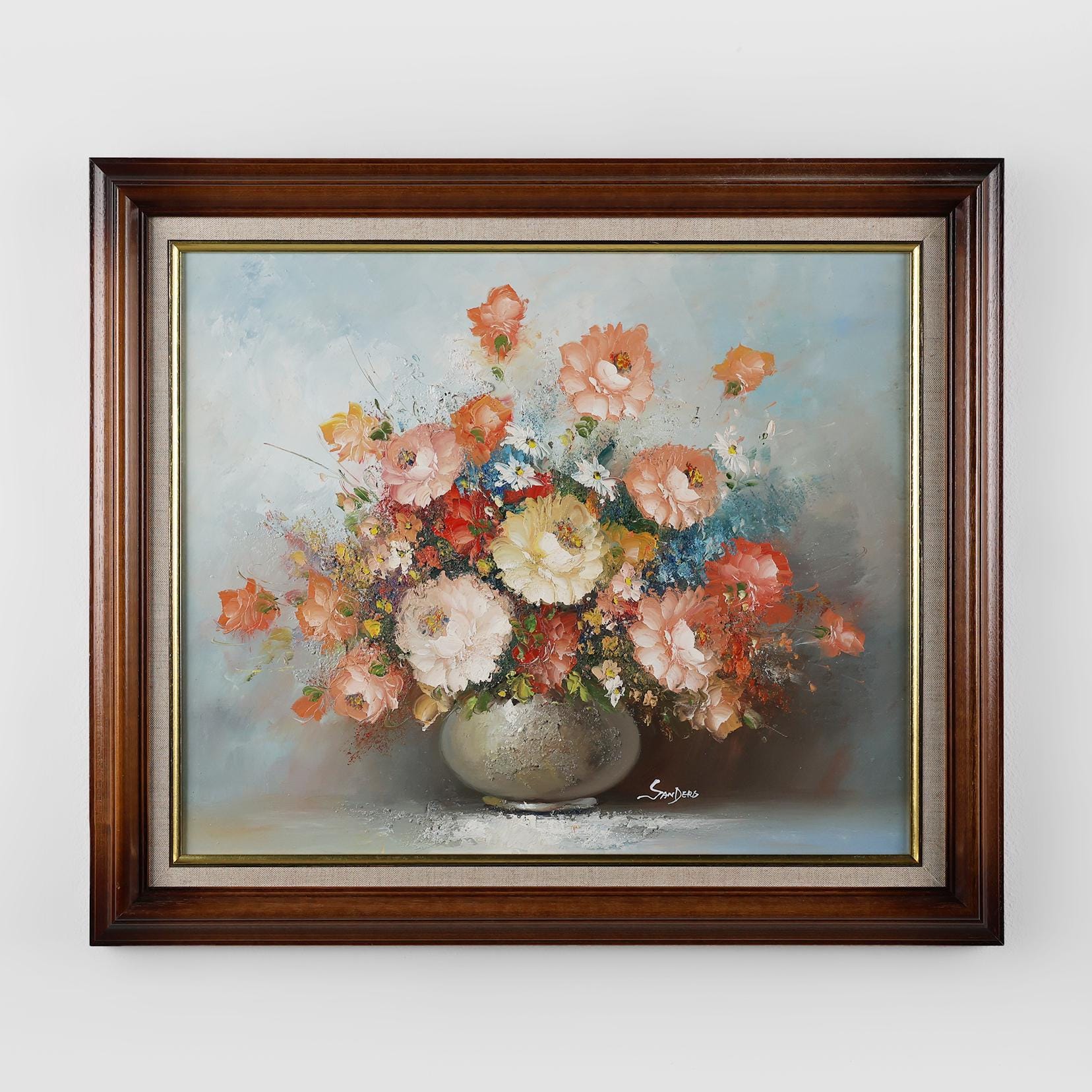 Tableau baroque vintage Edmond Sanders, Vase avec fleurs, années