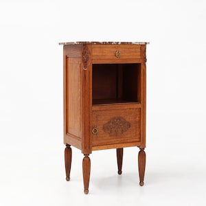 Vintage Antique Brocante Decorative French Art Deco Nightstand in Oak with Marble Top, 1930s