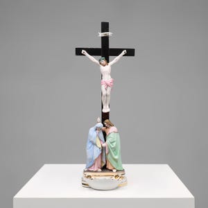 Vintage Antique Brocante religious Holy Water Font in Porcelain with Crucifix from Vieux Andenne