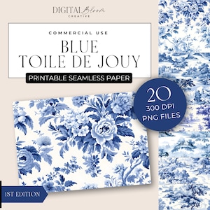 Toile De Jouy Digitales Papier, französischer Vintage-nahtlose Musterhintergrund, Scrapbooking-Textur-Hochzeits-Overlay, blau, kommerzielle Nutzung