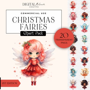 Christmas Fairy Clipart, Xmas Fairies PNG, Magic Winter Fae, Fantasy Watercolor Graphics,  Enchanted Faery Scrapbook Clip Art Commercial Use
