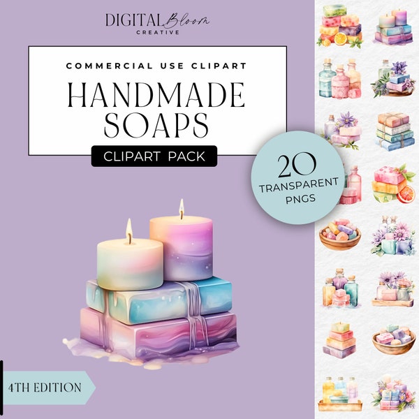 Handmade Soap Clipart Watercolor Bundle Bar of Herbal Fruit Soaps Spa Day Relaxing Bath Time Women Clip Art Blue Pink Orange Commercial Use