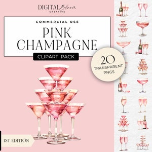 Pink Champagne Clipart Watercolor Clip Art Wedding Prosecco PNG Birthday Graphics New Year Invite Party Décor Images Clip Art Commercial Use