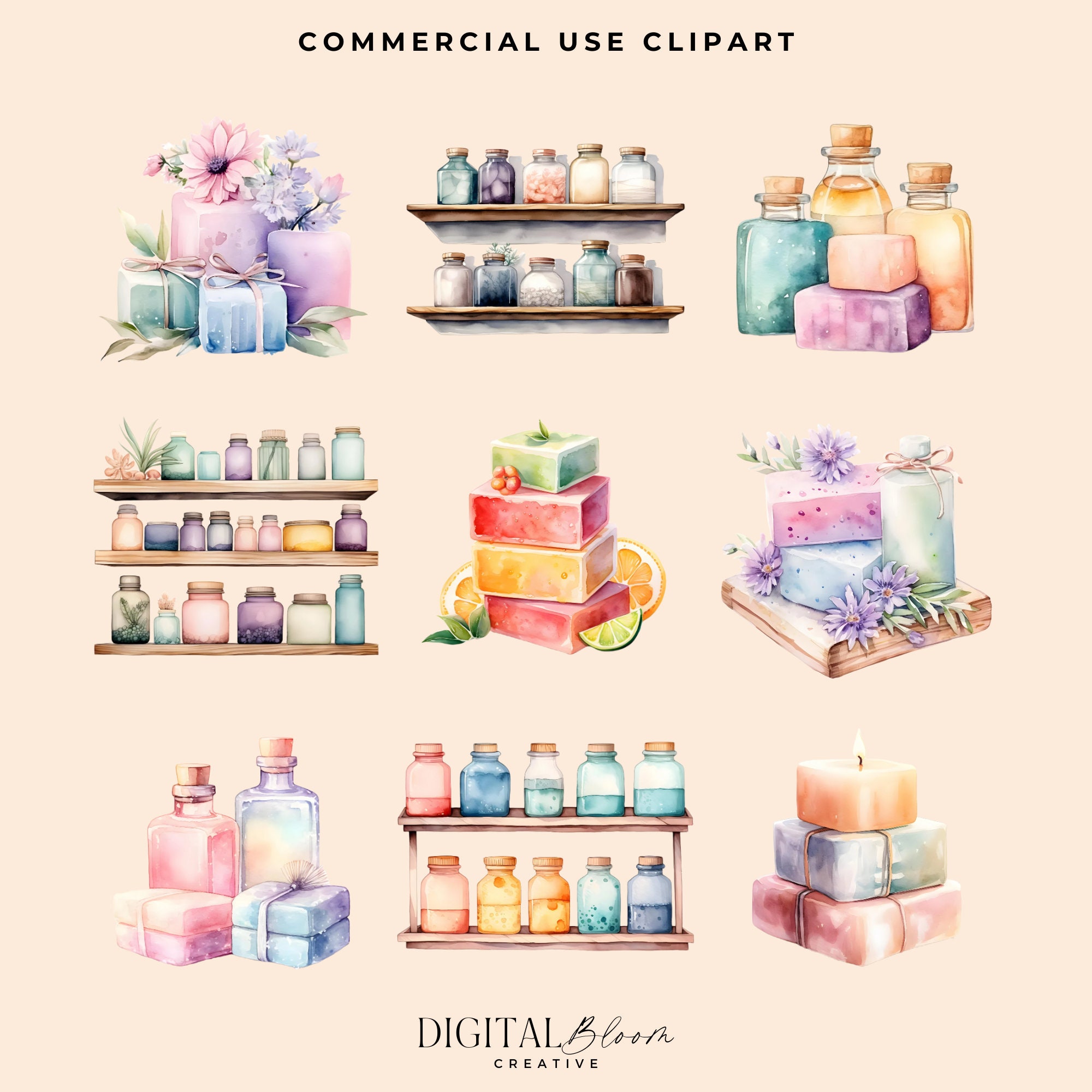 Handmade Soap Clipart Watercolor Bundle Bar of Herbal Fruit Soaps Spa