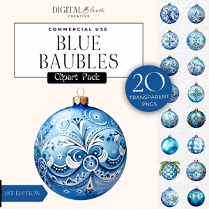 Niebieskie świąteczne bombki Png Zimowe dekoracje Akwarela ozdoba Xmas Scrapbook Obrazy Sezonowe Clip Art, Komercyjne użycie Cyfrowy pakiet do pobrania