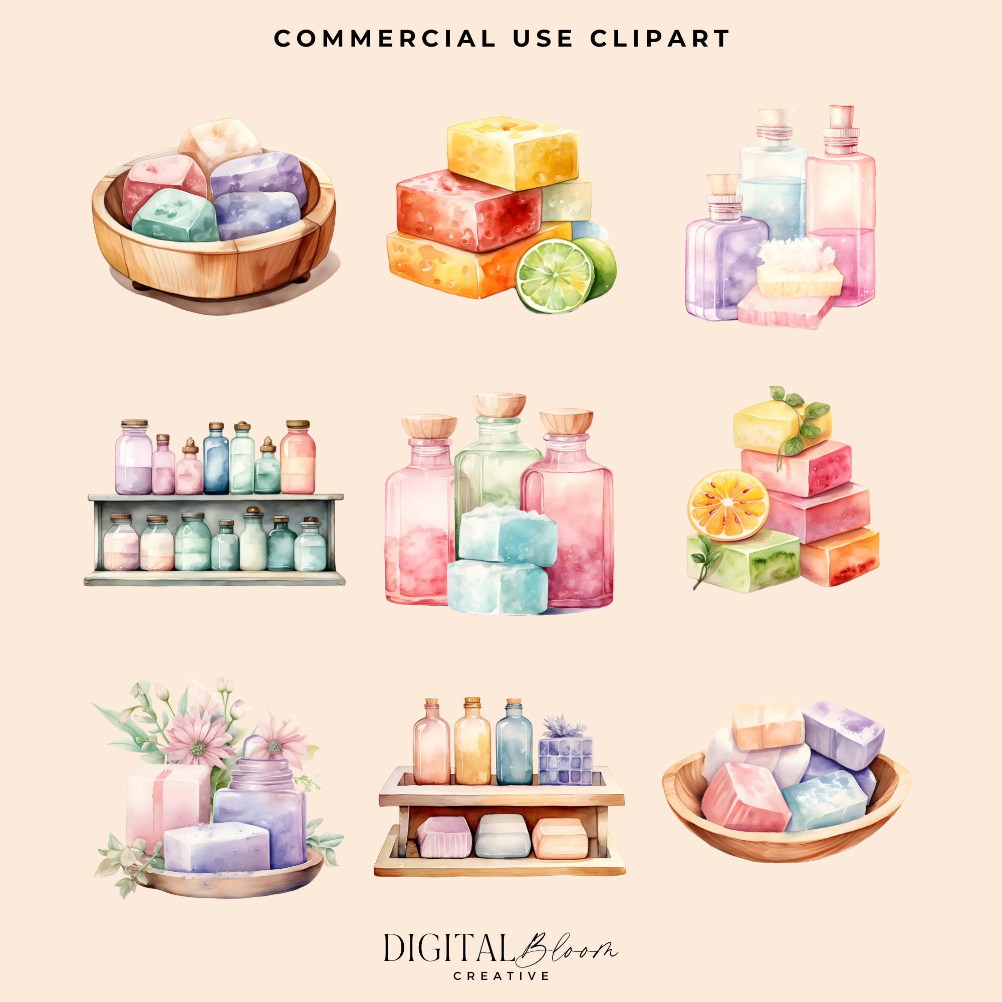 Handmade Soap Clipart Watercolor Bundle Bar of Herbal Fruit Soaps Spa