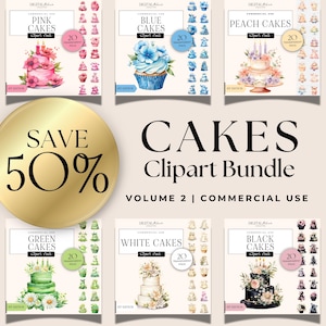 Bundle de cliparts pour gâteau aquarelle, ensemble de gâteau de mariage et d'anniversaire PNG, téléchargement immédiat, invitation, célébrations, scrapbooking, usage Commercial V2