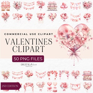 Valentines Clipart, Romantic PNG, Sublimation, Commercial Use, Digital download, Clip Art Bundle, Pastel Pink, Red High Res Images, Flowers