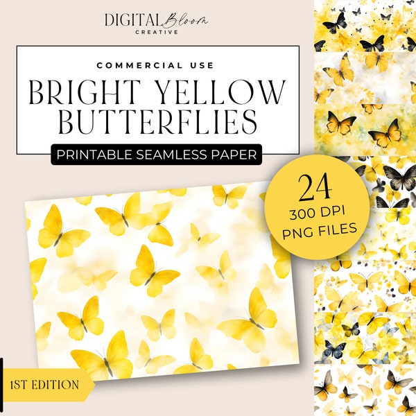 Yellow Butterfly Digital Paper Seamless Bright Butterflies Pattern Background Scrapbooking Texture Wedding Overlay Social Media Journal Art