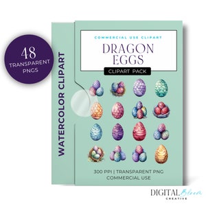 Dragon Eggs Clipart, Watercolor PNG, Baby Dragon Eggs, Magic Clip Art, Mythological Creatures, Watercolor Dragons Clipart, Pastel, Red, Blue
