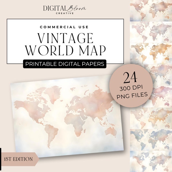 World Map Digital Paper Boho Vintage Scene Printable Background Scrapbooking Texture Antique Overlay Journal Earth Art Commercial Use