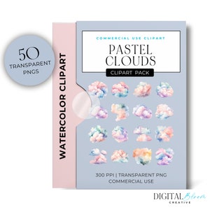 Cloud Clipart Commercial Use, Pastel Watercolor Clouds, Fluffy Cloud Overlay PNG, Transparent Digital Download, Nursery Decor, Cloudy Skies