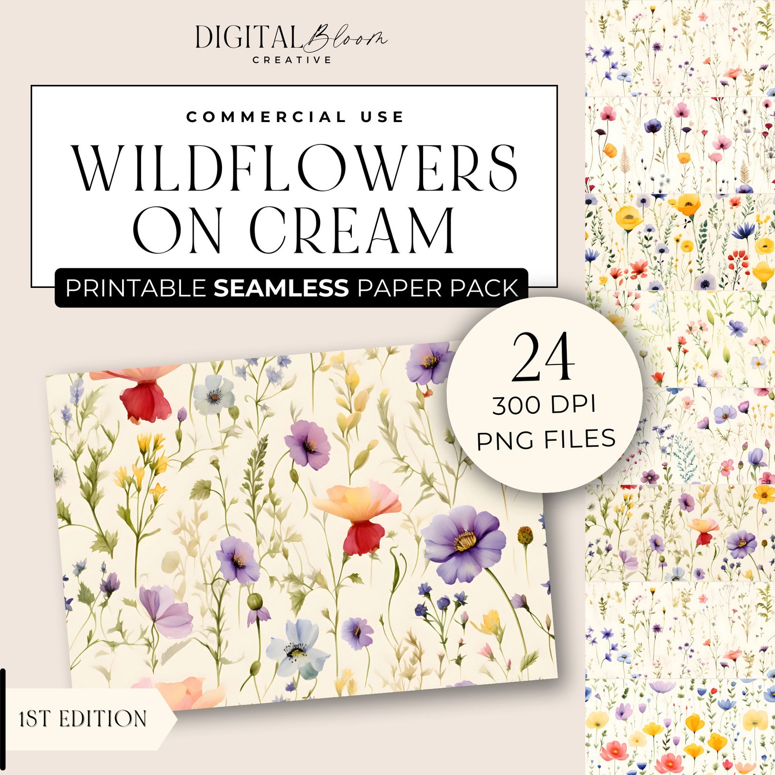 Wildflowers Seamless Digital Paper Organic Spring Summer Flowers ...