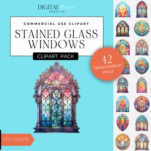 Stained Glass Window Clipart, Church Clipart PNG, Digital Download, Watercolor, Colourful Windows, Commercial Use, Arch, Circle, Religious