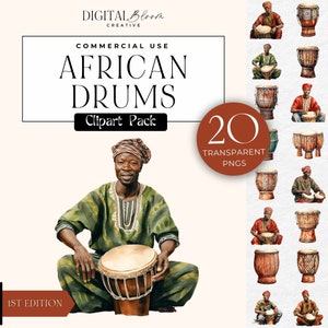 Clipart tamburo africano PNG Acquerello Bongo Clip Art Grafica di viaggio Clipart musicale Africa Cultura Uomo Tamburo tribale Conga Zulu Uso commerciale
