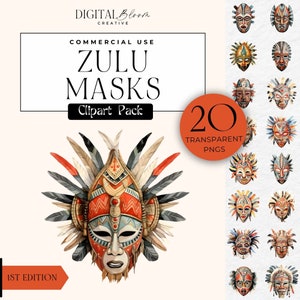 African Zulu Mask Clipart PNG Watercolor Indigenous Tribal Clip Art Printable Symbolic Travel Graphics Ethnic Africa Culture Commercial Use