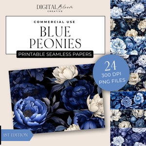 Blaue Pfingstrose Digitales Papier Helle Pfingstrosen Nahtlose Muster Hintergrund Scrapbook Textur Blumen Hochzeit Overlay Stoff Blumen Clipart Dunkel