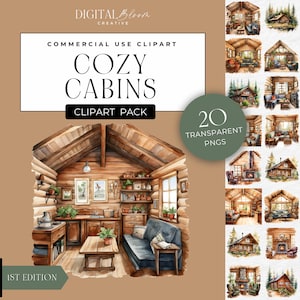 Clipart cabina accogliente, chalet in legno acquerello, casa forestale invernale, clipart rustico PNG, invito compleanno escursionismo, festa del papà, uso commerciale