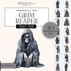 La Faucheuse Clipart Spooky Ange de la mort Graphiques PNG Halloween décalé Clip Art aquarelle horreur décoration effrayant gothique numérique utilisation commerciale