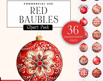 Red Christmas Bauble Png Winter Décor Watercolor Ornament Xmas Scrapbook Images Seasonal Clip Art, Commercial Use Digital Download Bundle