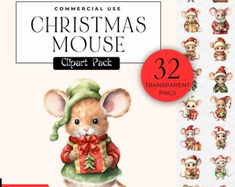 Watercolor Christmas Mouse Clipart Png Winter Animal Mice Xmas Scrapbook Images Seasonal Clip Art Digital Download Commercial Use Bundle