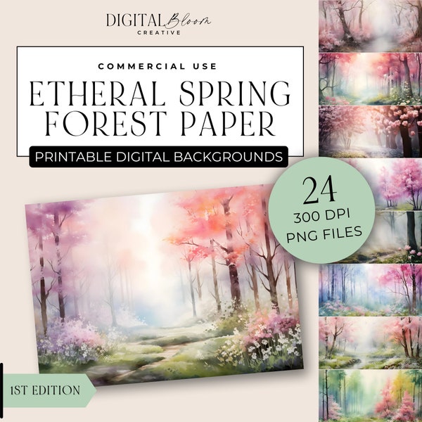 Spring Forest Digital Papers Background Printable Nature Woodland Scrapbooking Texture Enchanted Forest Overlay Journal Art Commercial Use