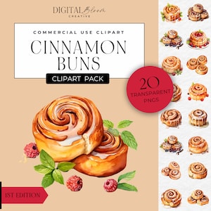 Imágenes prediseñadas de rollo de canela, imágenes prediseñadas de bollos dulces, pasteles veganos horneados PNG, gráficos de amantes de la comida, postres helados, alimentos de acuarela PNG, arte de pastelería