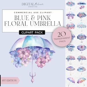 Clipart parapluie floral bleu et rose pour baby shower, graphiques PNG inviter des images de décoration de fête Clip Art numérique téléchargement immédiat usage commercial