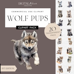 Baby Wolf Watercolor Clipart Wolves PNG Graphics Wild Woodland Invite Party Decor Images Clip Art Digital Instant Download Commercial Use