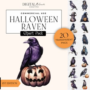 Raven Clipart Spooky Halloween PNG Graphics Black Bird Dark Fantasy Crow Clip Art Watercolor Horror Scary Gothic Digital Commercial Use